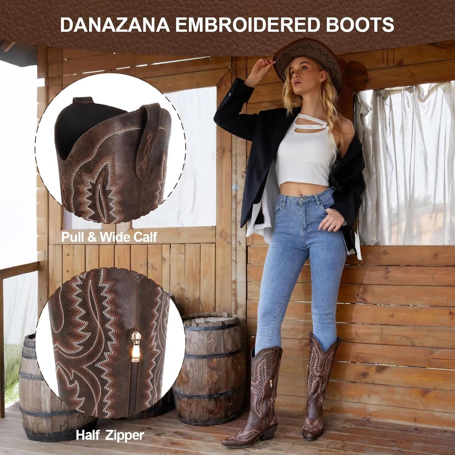 Wide Calf Embroidered Cowboy Boots Women Tall Western Cowgirl Boots With Side Half Zip Pointed Toe Cowgirl Boots For Lady Size 7-10