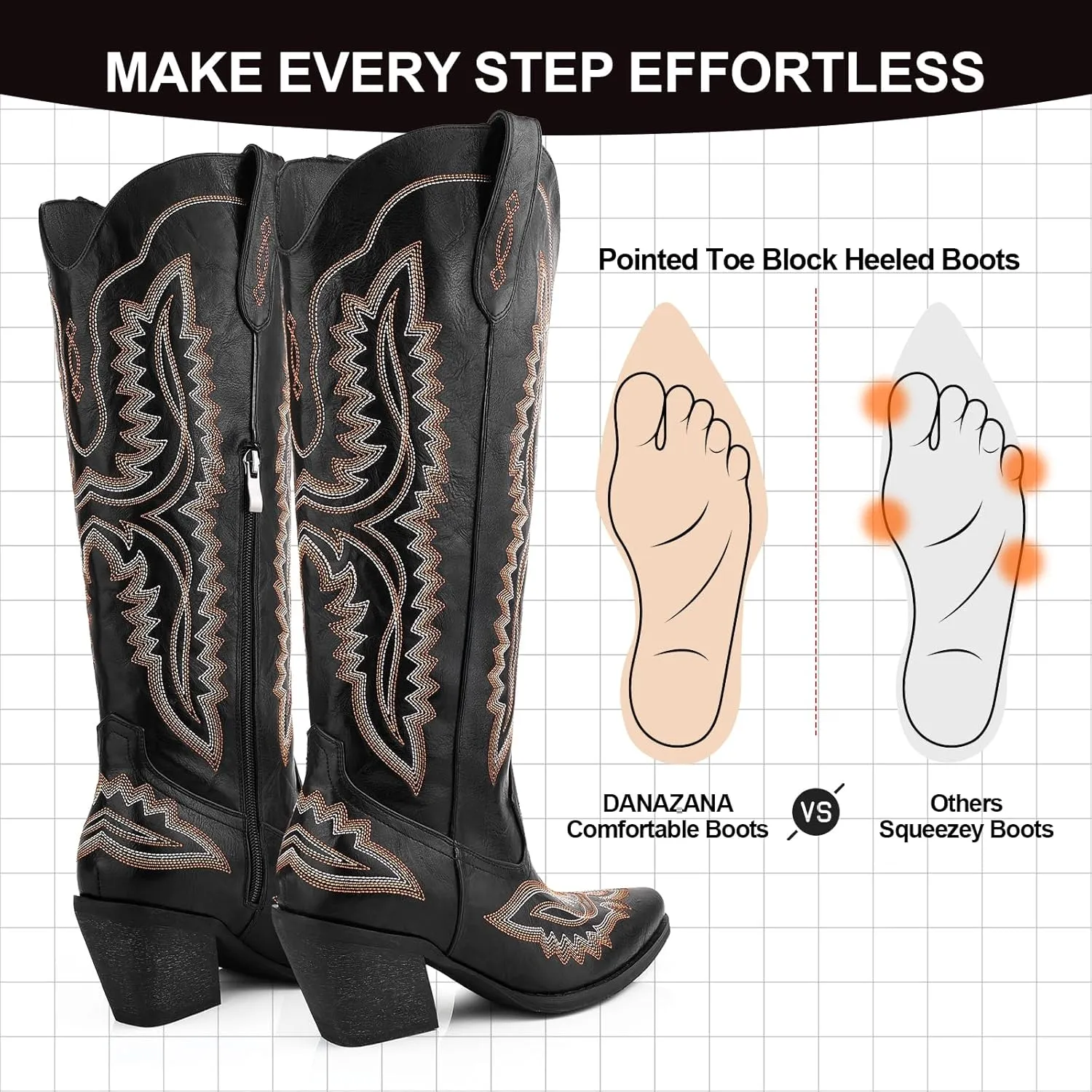 Wide Calf Embroidered Cowboy Boots Women Tall Western Cowgirl Boots With Side Half Zip Pointed Toe Cowgirl Boots For Lady Size 7-10