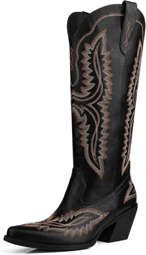 Wide Calf Embroidered Cowboy Boots Women Tall Western Cowgirl Boots With Side Half Zip Pointed Toe Cowgirl Boots For Lady Size 7-10