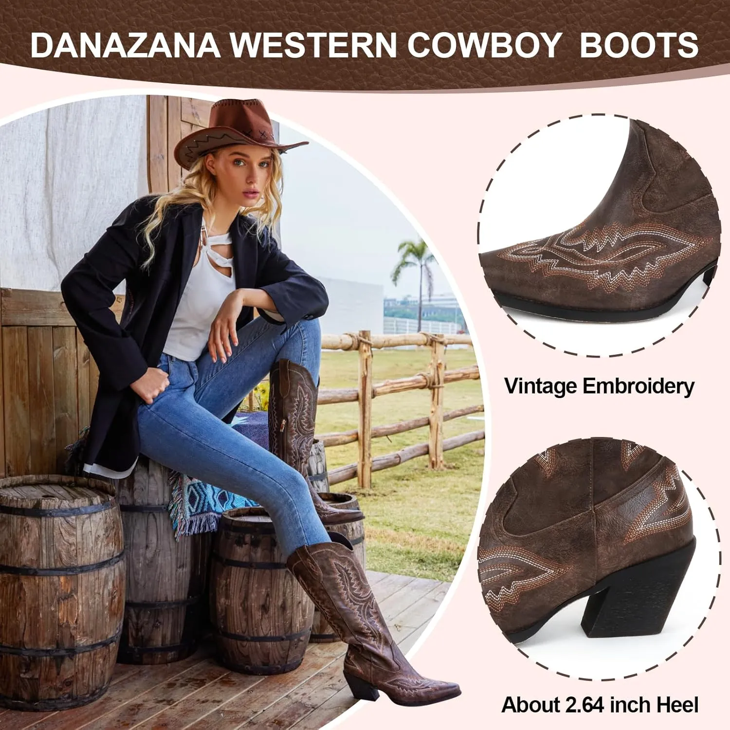 Wide Calf Embroidered Cowboy Boots Women Tall Western Cowgirl Boots With Side Half Zip Pointed Toe Cowgirl Boots For Lady Size 7-10