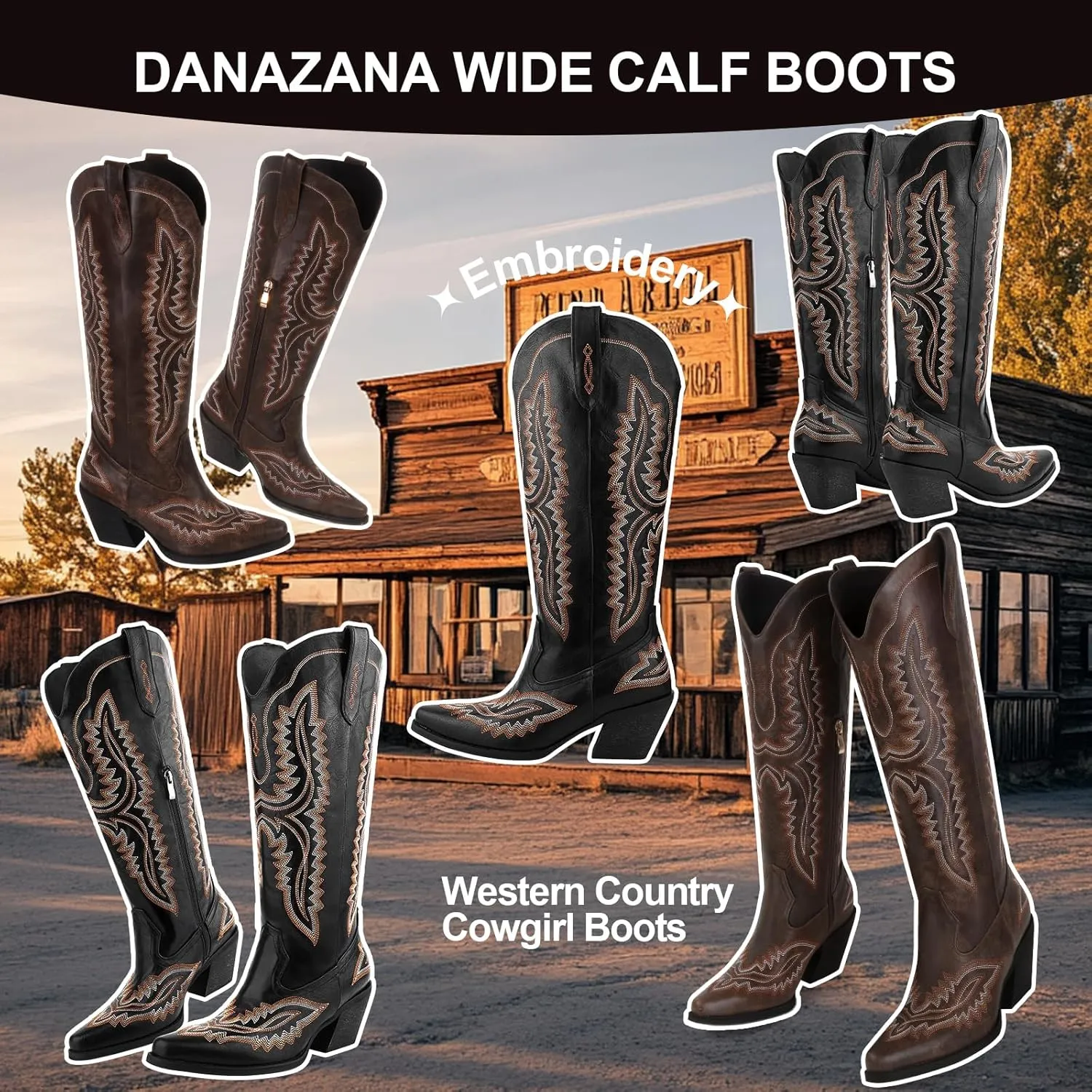 Wide Calf Embroidered Cowboy Boots Women Tall Western Cowgirl Boots With Side Half Zip Pointed Toe Cowgirl Boots For Lady Size 7-10