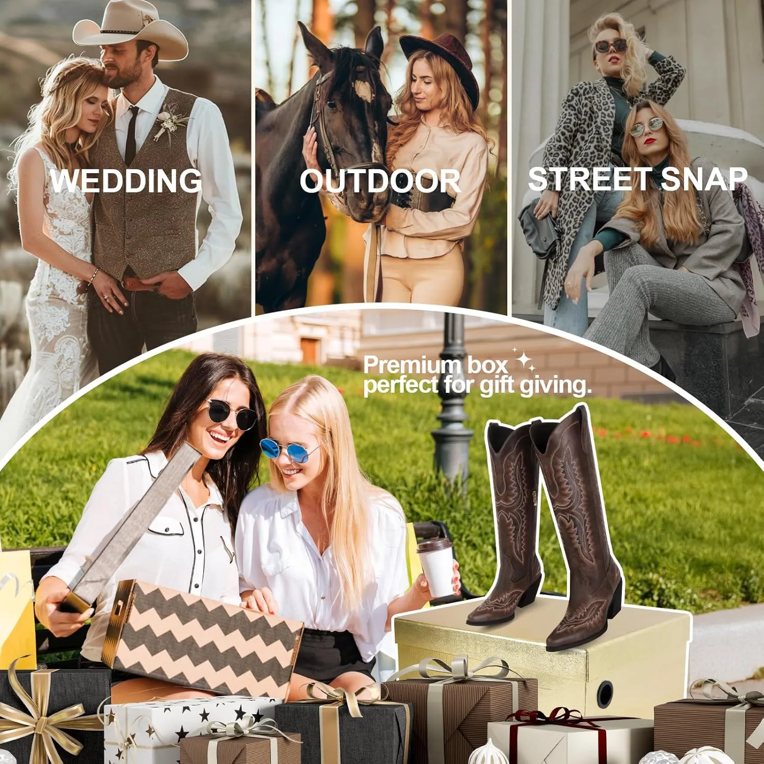Wide Calf Embroidered Cowboy Boots Women Tall Western Cowgirl Boots With Side Half Zip Pointed Toe Cowgirl Boots For Lady Size 7-10