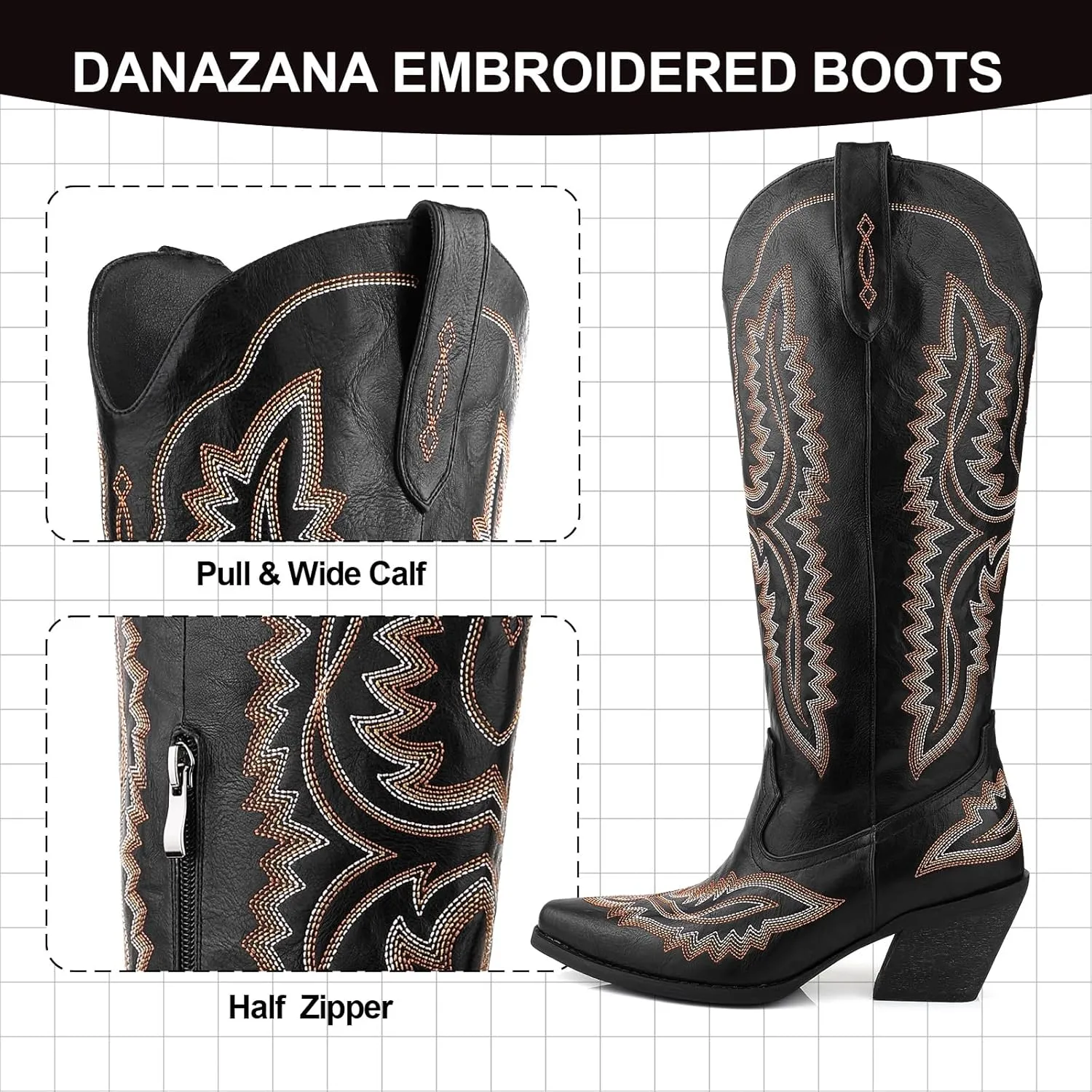 Wide Calf Embroidered Cowboy Boots Women Tall Western Cowgirl Boots With Side Half Zip Pointed Toe Cowgirl Boots For Lady Size 7-10