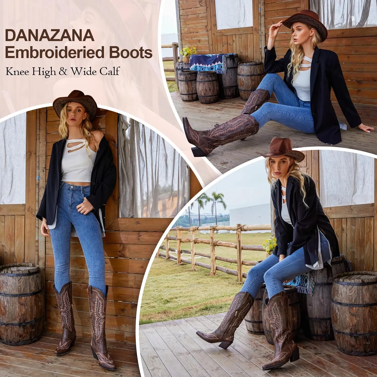 Wide Calf Embroidered Cowboy Boots Women Tall Western Cowgirl Boots With Side Half Zip Pointed Toe Cowgirl Boots For Lady Size 7-10