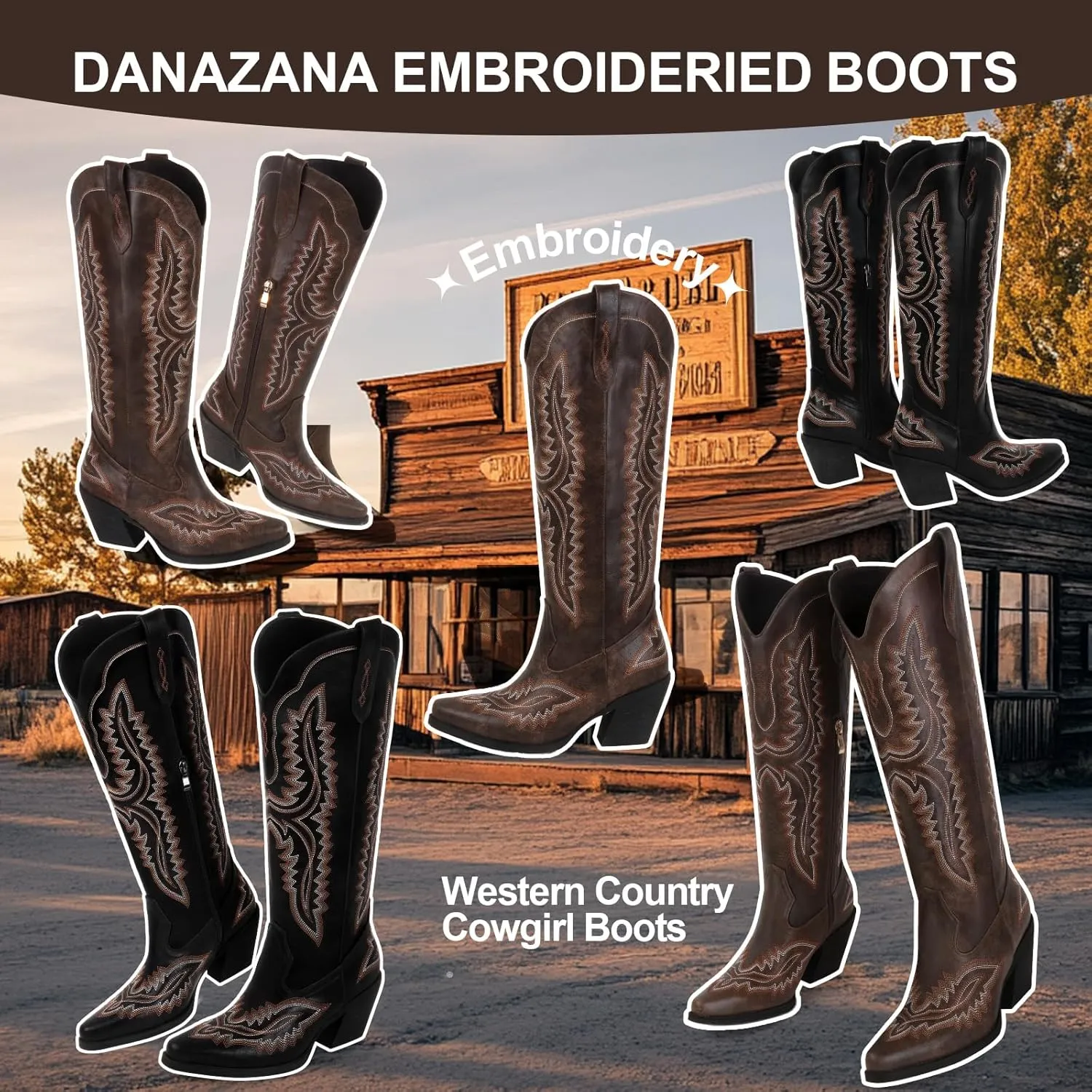 Wide Calf Embroidered Cowboy Boots Women Tall Western Cowgirl Boots With Side Half Zip Pointed Toe Cowgirl Boots For Lady Size 7-10