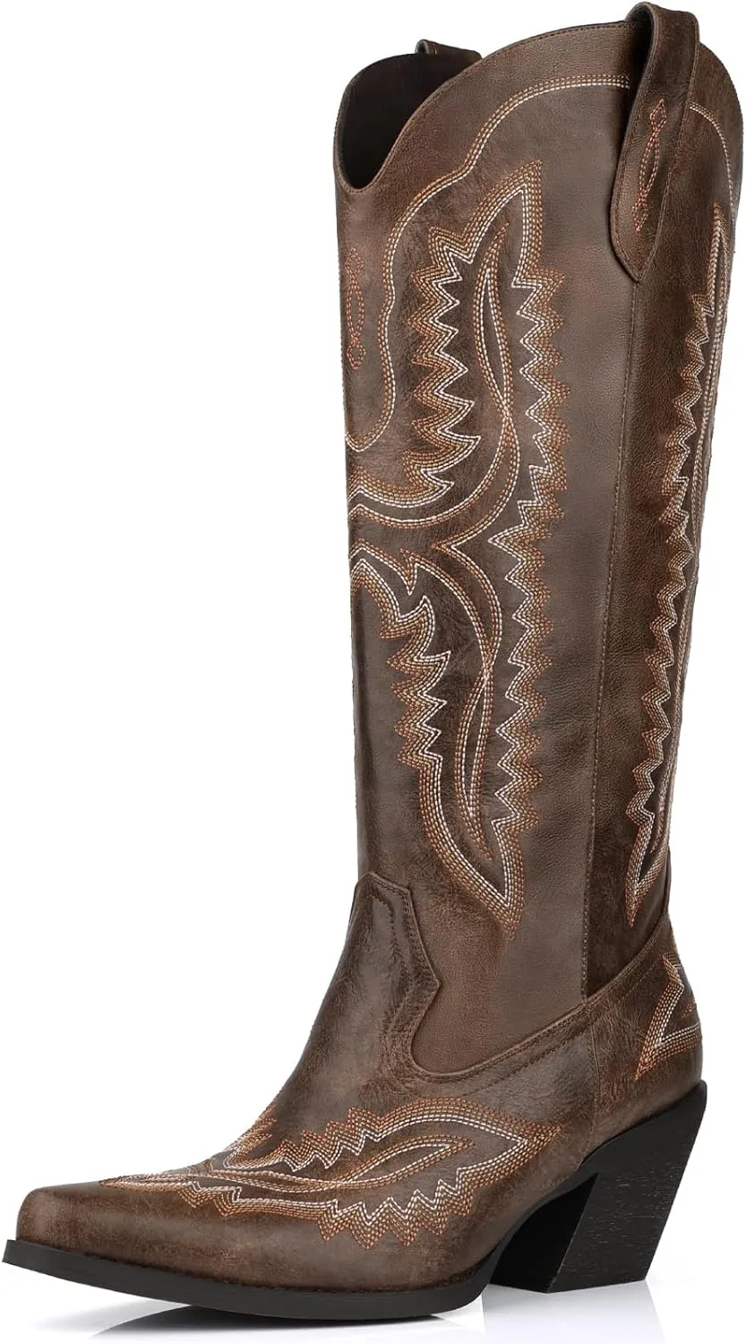 Wide Calf Embroidered Cowboy Boots Women Tall Western Cowgirl Boots With Side Half Zip Pointed Toe Cowgirl Boots For Lady Size 7-10