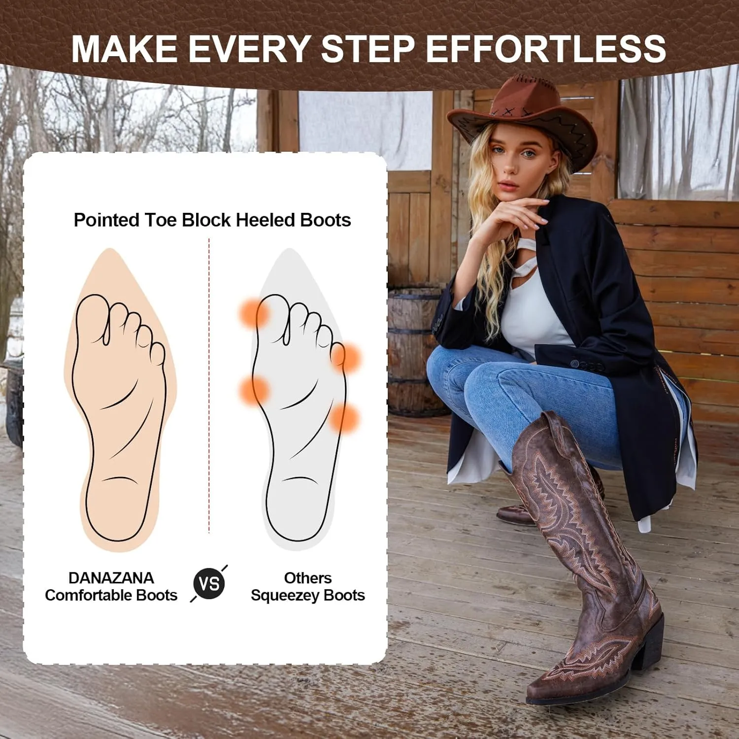 Wide Calf Embroidered Cowboy Boots Women Tall Western Cowgirl Boots With Side Half Zip Pointed Toe Cowgirl Boots For Lady Size 7-10