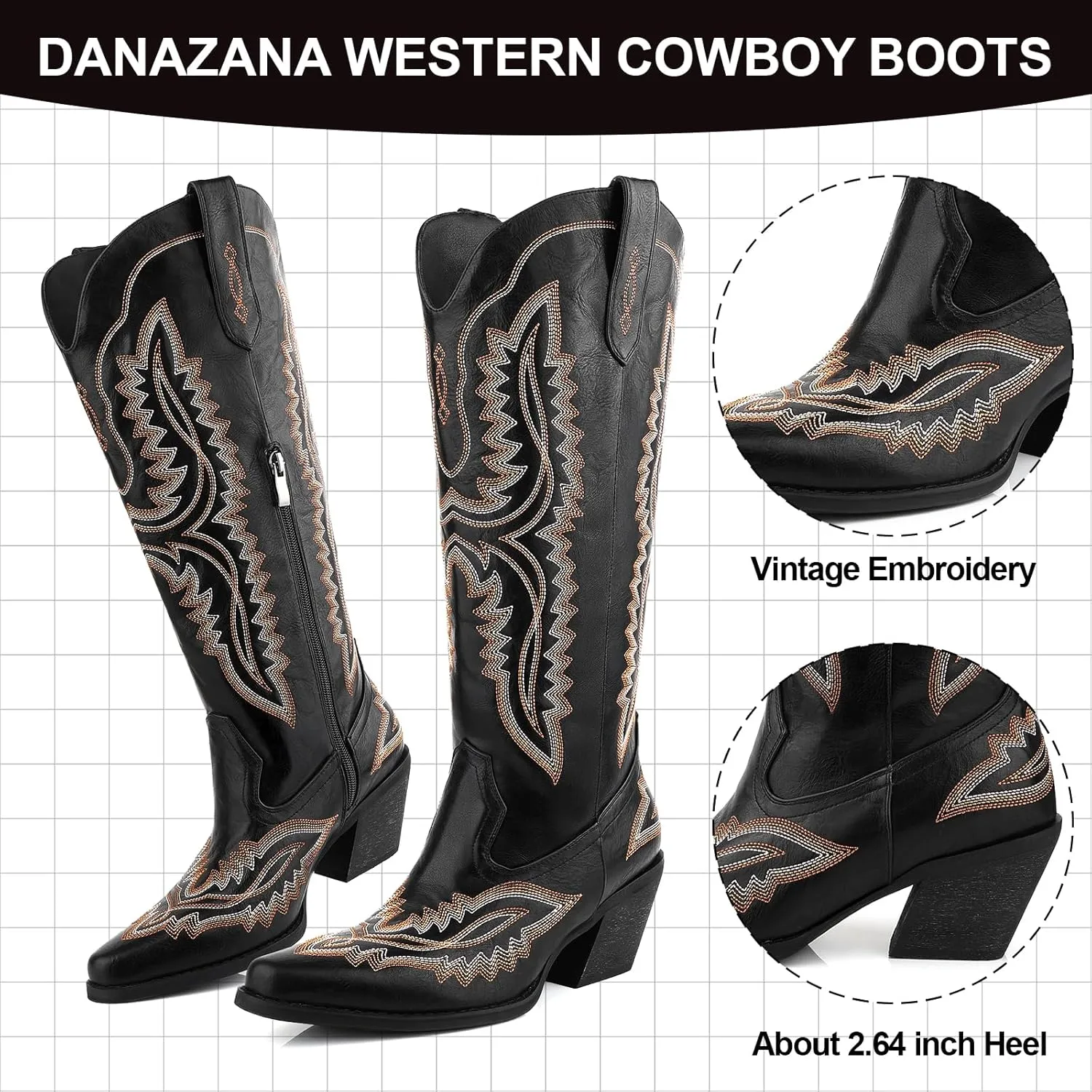 Wide Calf Embroidered Cowboy Boots Women Tall Western Cowgirl Boots With Side Half Zip Pointed Toe Cowgirl Boots For Lady Size 7-10