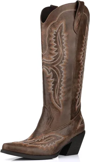 Wide Calf Embroidered Cowboy Boots Women Tall Western Cowgirl Boots With Side Half Zip Pointed Toe Cowgirl Boots For Lady Size 7-10