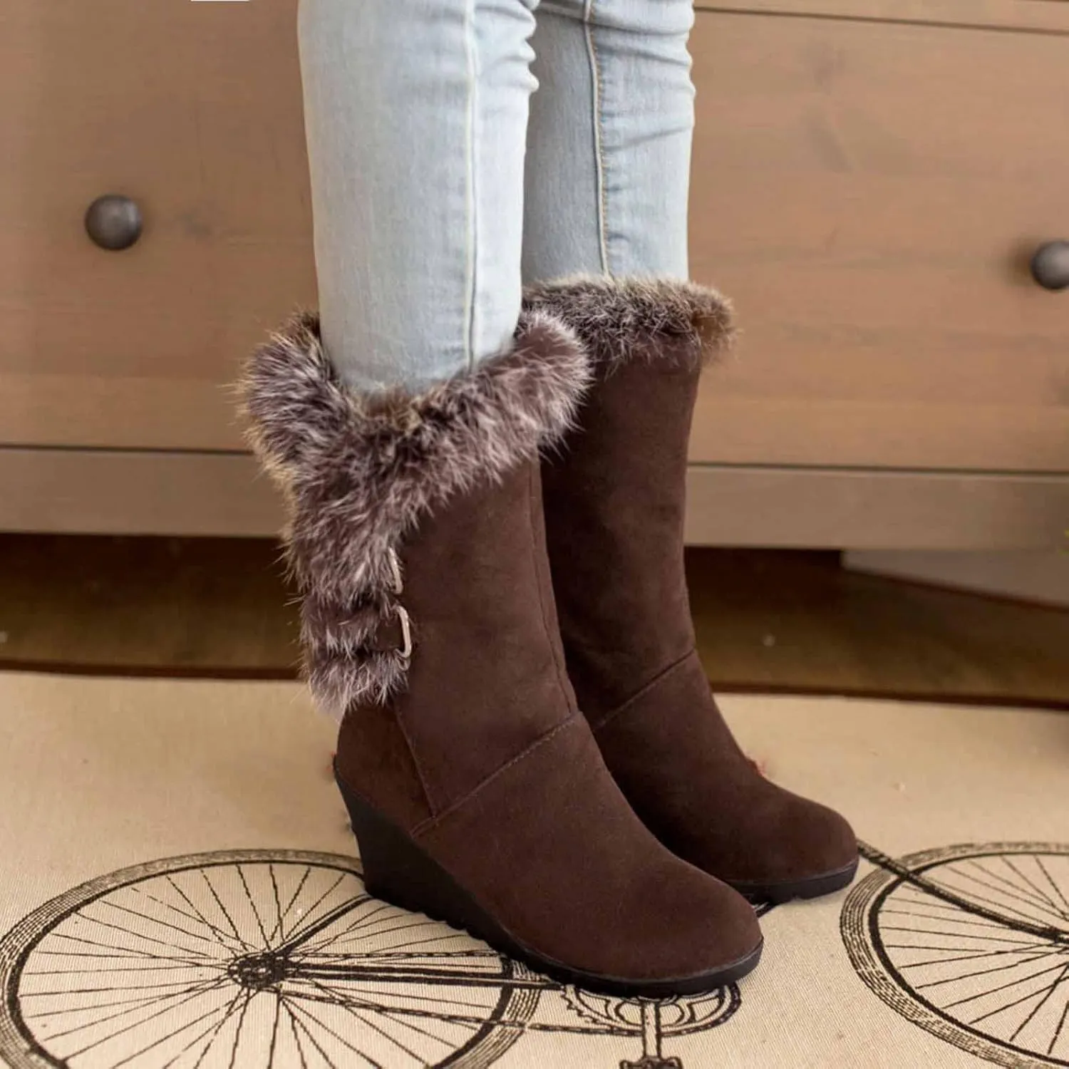 Winter Boots For Women Comfortable Velvet Wedge Boots Round Toe Suede Lug Sole Thigh High Boots Mid-Calf Boots