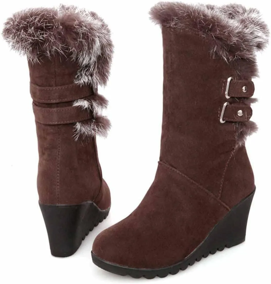 Winter Boots For Women Comfortable Velvet Wedge Boots Round Toe Suede Lug Sole Thigh High Boots Mid-Calf Boots