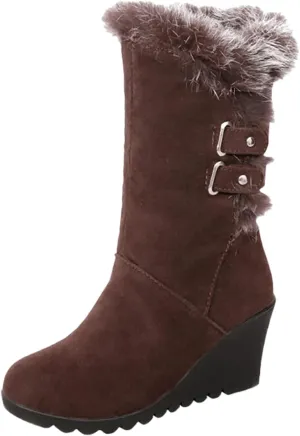 Winter Boots For Women Comfortable Velvet Wedge Boots Round Toe Suede Lug Sole Thigh High Boots Mid-Calf Boots