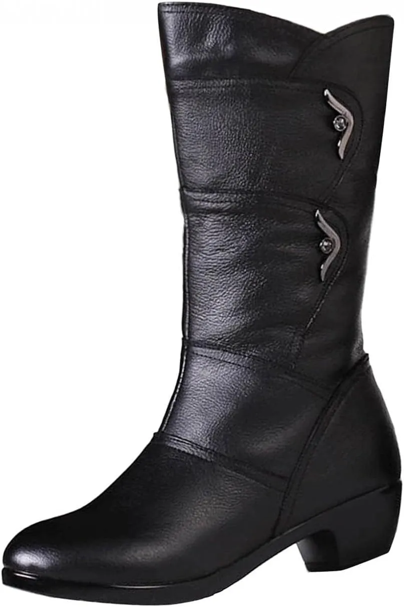Winter Snow Boots for Women Leather Round Toe Chunky Block Low Heels Mid Calf Boots with Fleece Lining Dress Short Boots