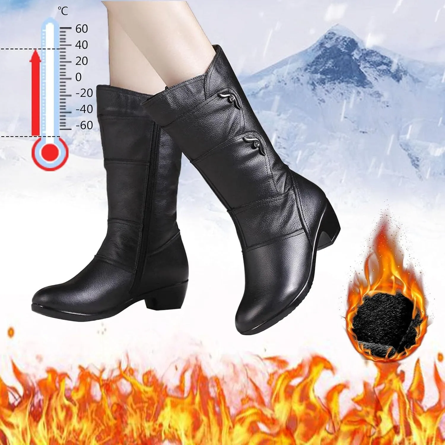Winter Snow Boots for Women Leather Round Toe Chunky Block Low Heels Mid Calf Boots with Fleece Lining Dress Short Boots