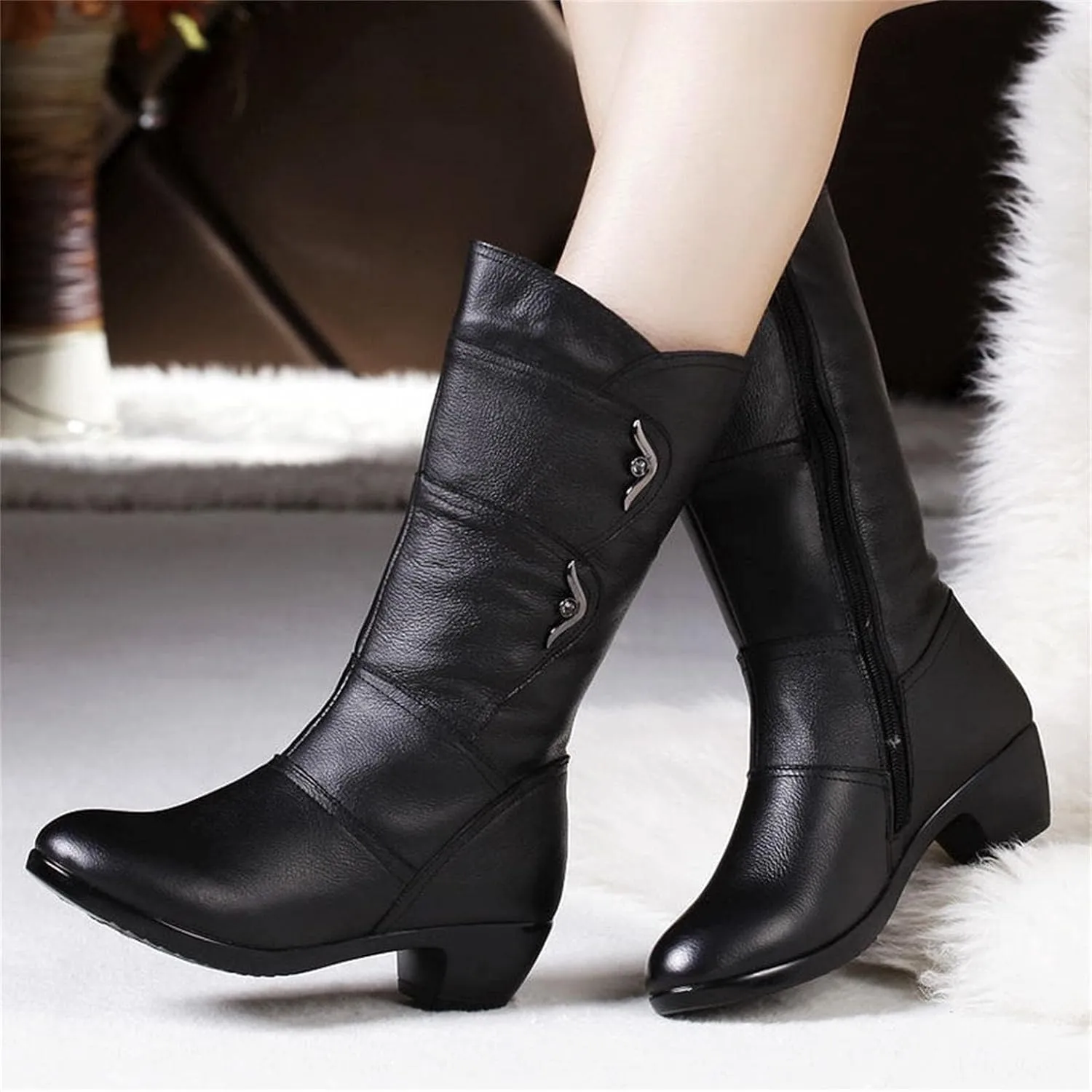 Winter Snow Boots for Women Leather Round Toe Chunky Block Low Heels Mid Calf Boots with Fleece Lining Dress Short Boots