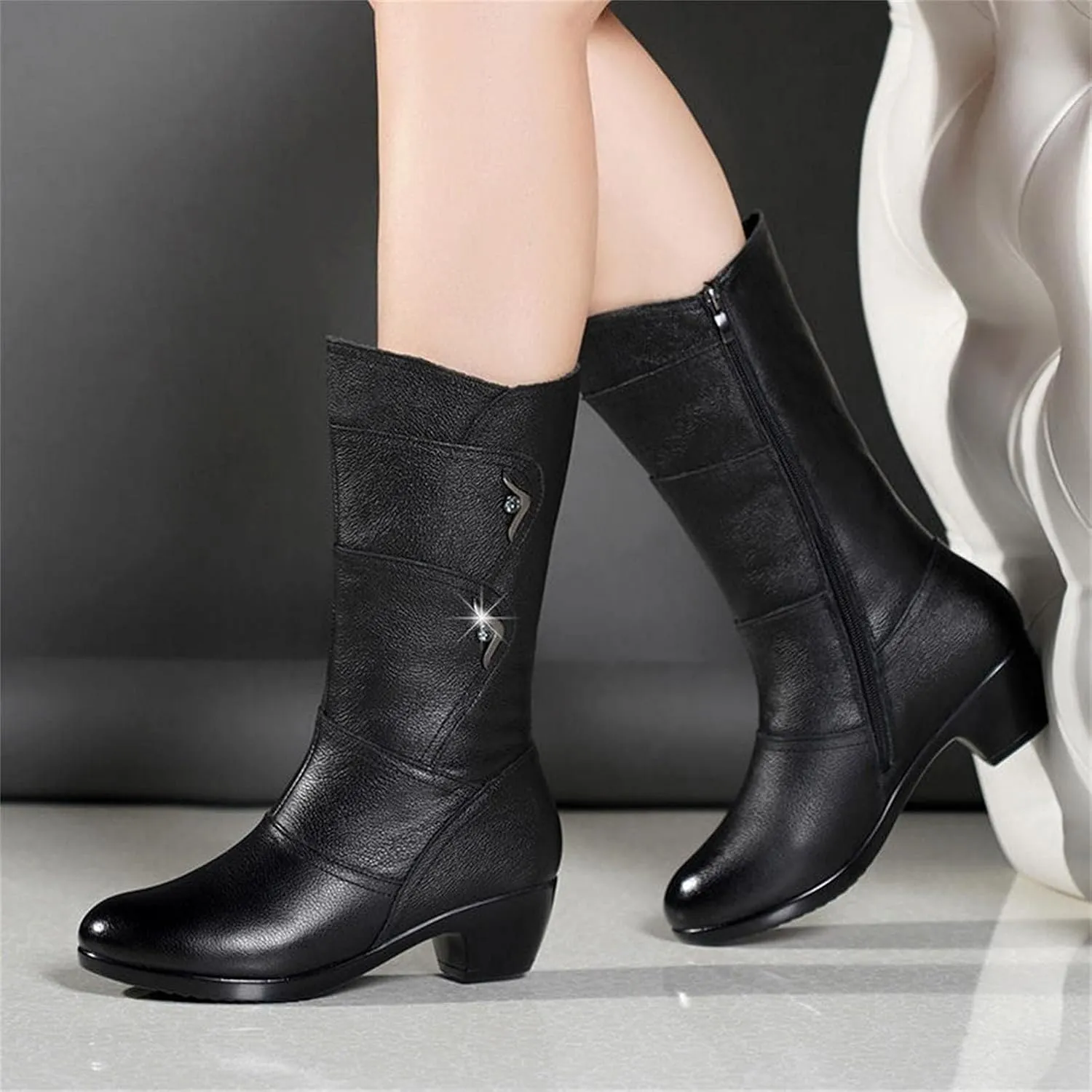 Winter Snow Boots for Women Leather Round Toe Chunky Block Low Heels Mid Calf Boots with Fleece Lining Dress Short Boots
