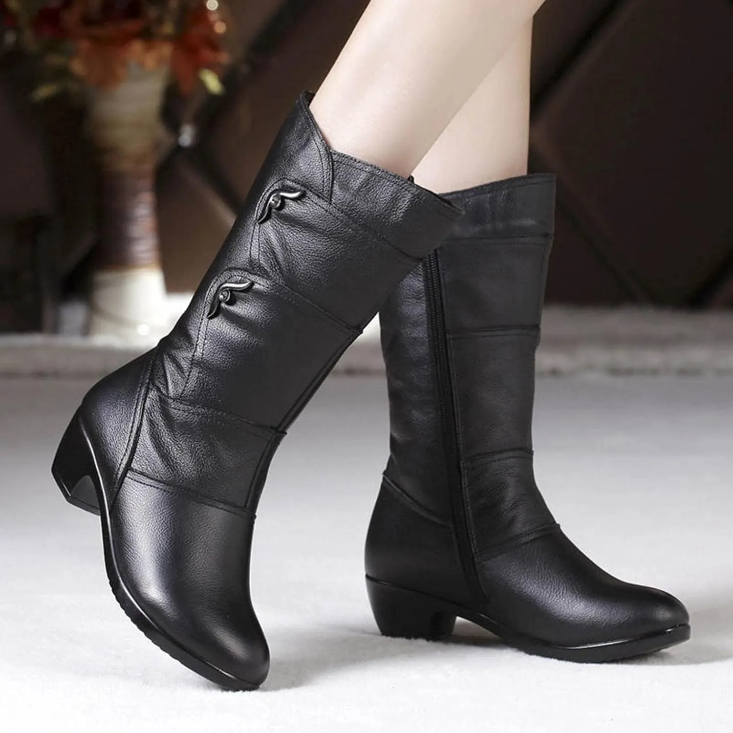 Winter Snow Boots for Women Leather Round Toe Chunky Block Low Heels Mid Calf Boots with Fleece Lining Dress Short Boots