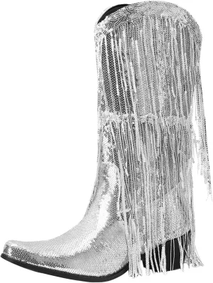 Women Mid Calf Boots Fashionable New Pattern Sequin Decoration Tassel Boots Pointed Thick Boots for Women Wide Calf Heel