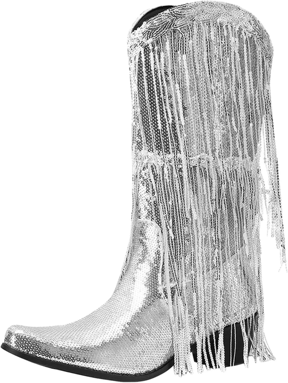 Women Mid Calf Boots Fashionable New Pattern Sequin Decoration Tassel Boots Pointed Thick Boots for Women Wide Calf Heel