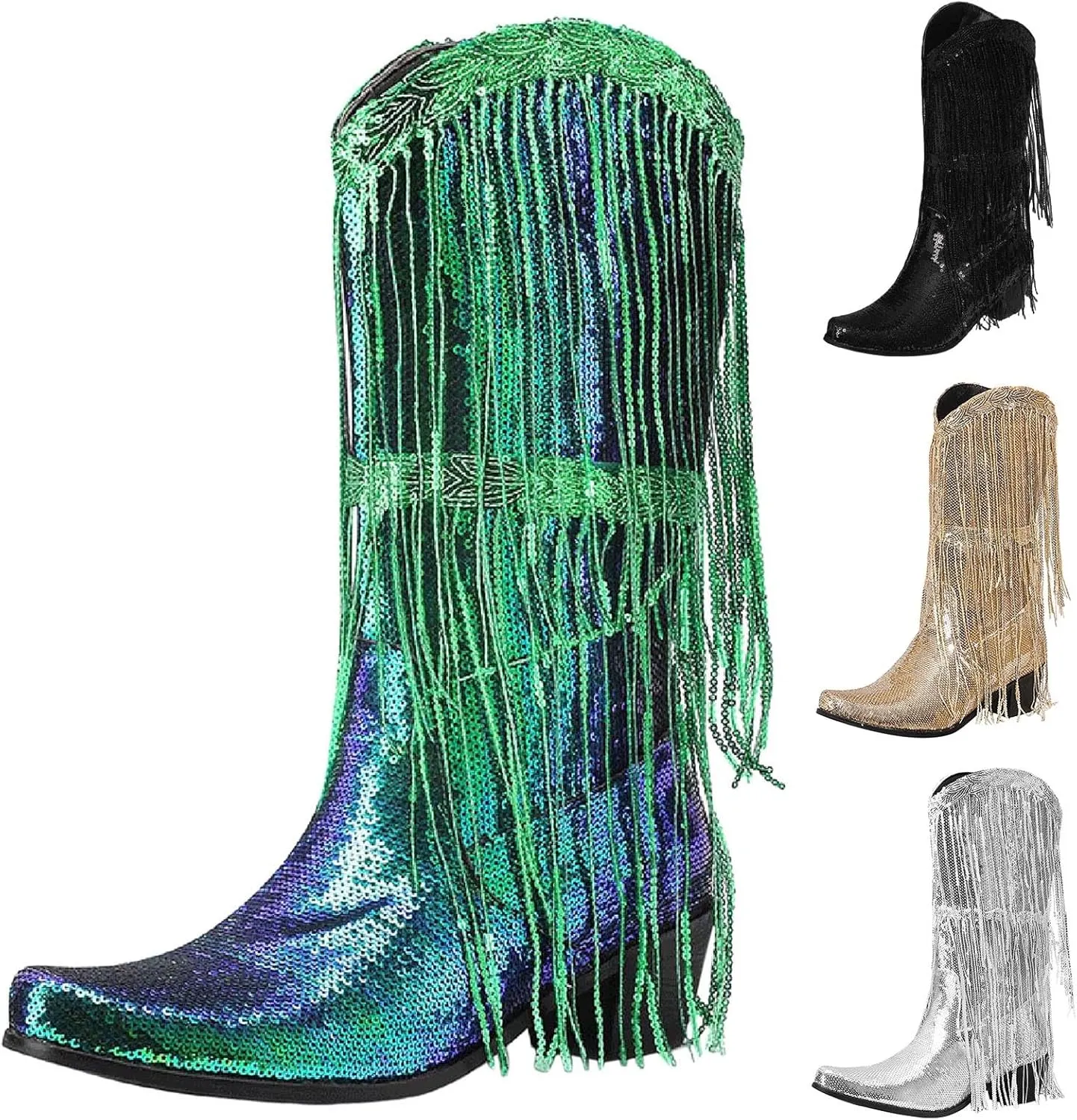 Women Mid Calf Boots Fashionable New Pattern Sequin Decoration Tassel Boots Pointed Thick Boots for Women Wide Calf Heel