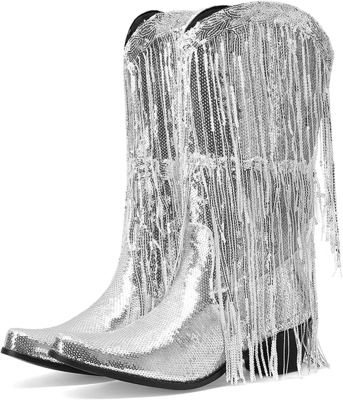 Women Mid Calf Boots Fashionable New Pattern Sequin Decoration Tassel Boots Pointed Thick Boots for Women Wide Calf Heel