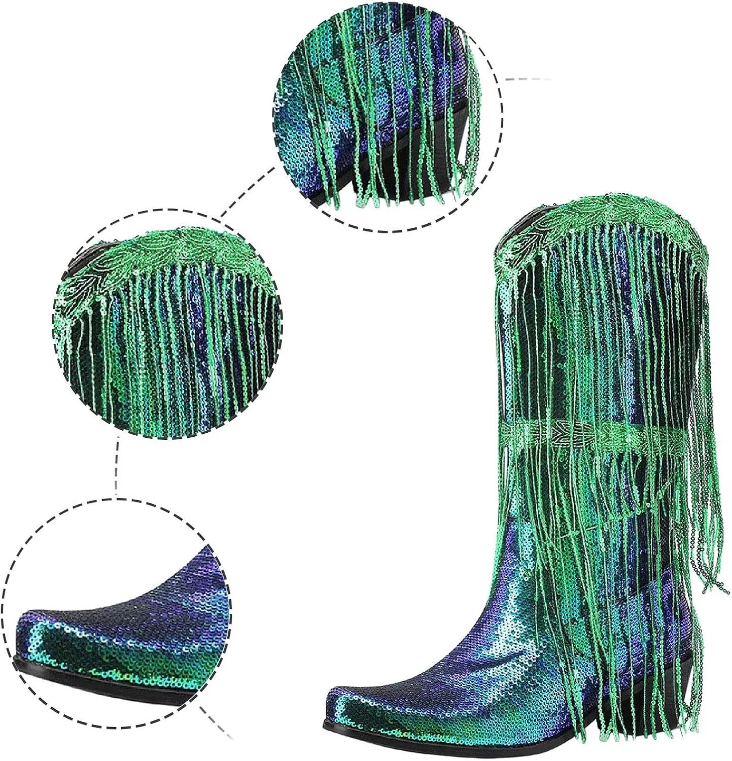 Women Mid Calf Boots Fashionable New Pattern Sequin Decoration Tassel Boots Pointed Thick Boots for Women Wide Calf Heel