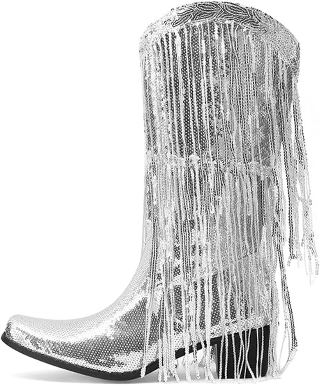 Women Mid Calf Boots Fashionable New Pattern Sequin Decoration Tassel Boots Pointed Thick Boots for Women Wide Calf Heel