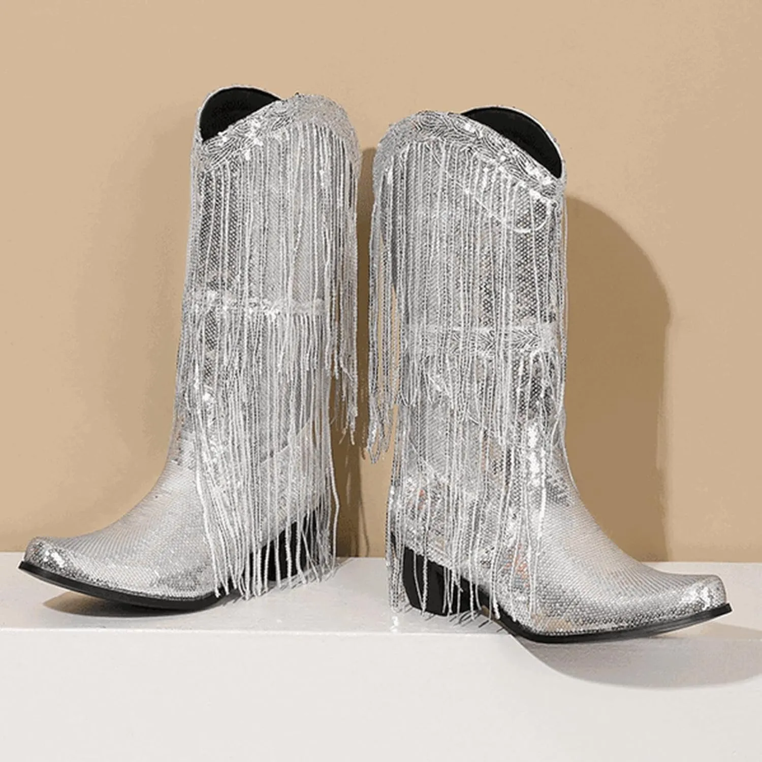Women Mid Calf Boots Fashionable New Pattern Sequin Decoration Tassel Boots Pointed Thick Boots for Women Wide Calf Heel