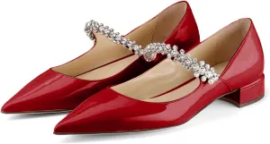 Women Rhinestone Low Heel Pumps Pointed Toe Block Heel Crystals Strap Flats Wedding Party Office Walking Dress Shoes