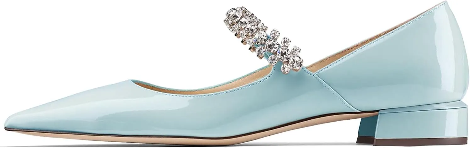 Women Rhinestone Low Heel Pumps Pointed Toe Block Heel Crystals Strap Flats Wedding Party Office Walking Dress Shoes