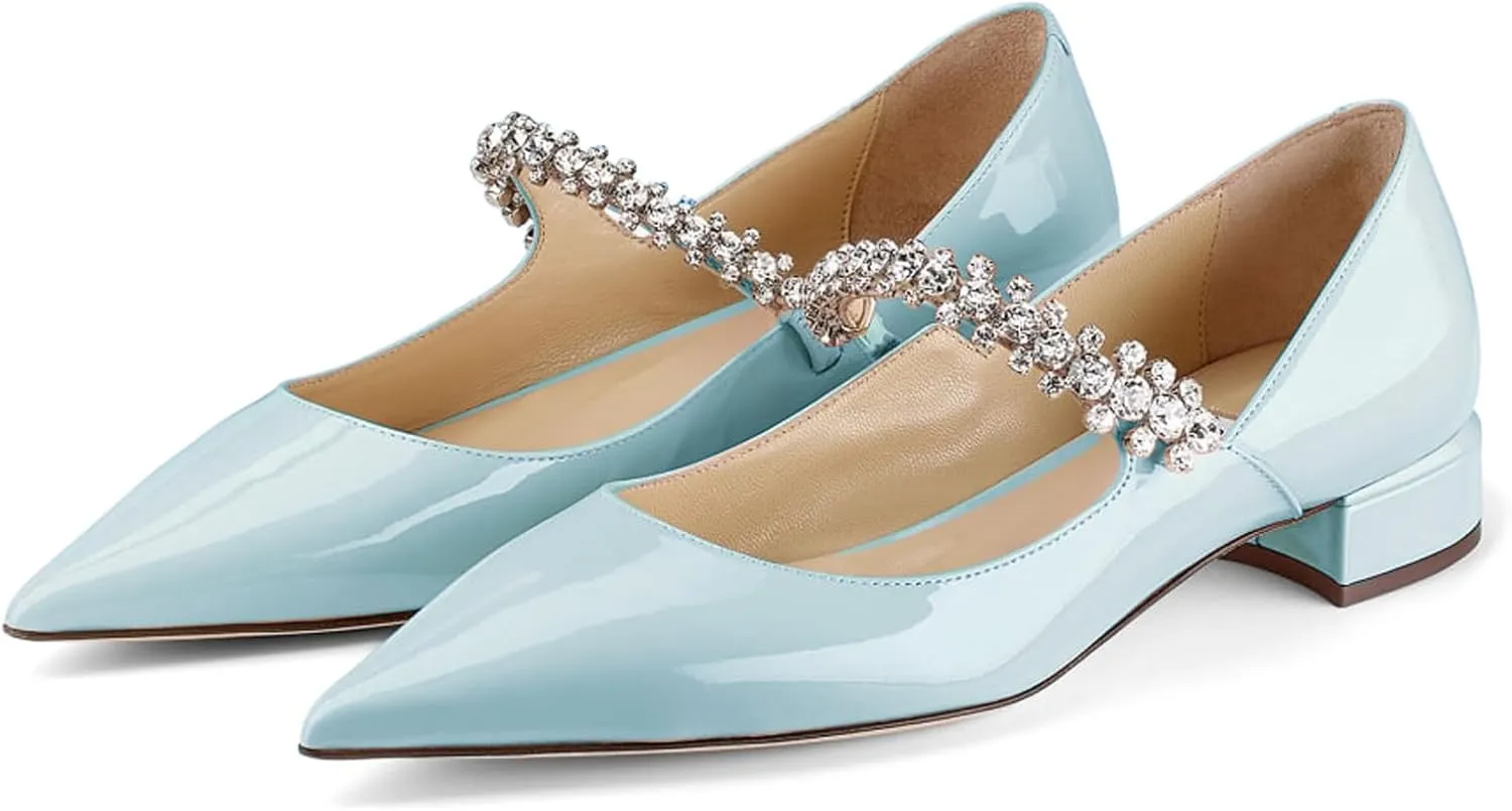 Women Rhinestone Low Heel Pumps Pointed Toe Block Heel Crystals Strap Flats Wedding Party Office Walking Dress Shoes