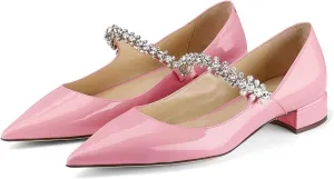 Women Rhinestone Low Heel Pumps Pointed Toe Block Heel Crystals Strap Flats Wedding Party Office Walking Dress Shoes