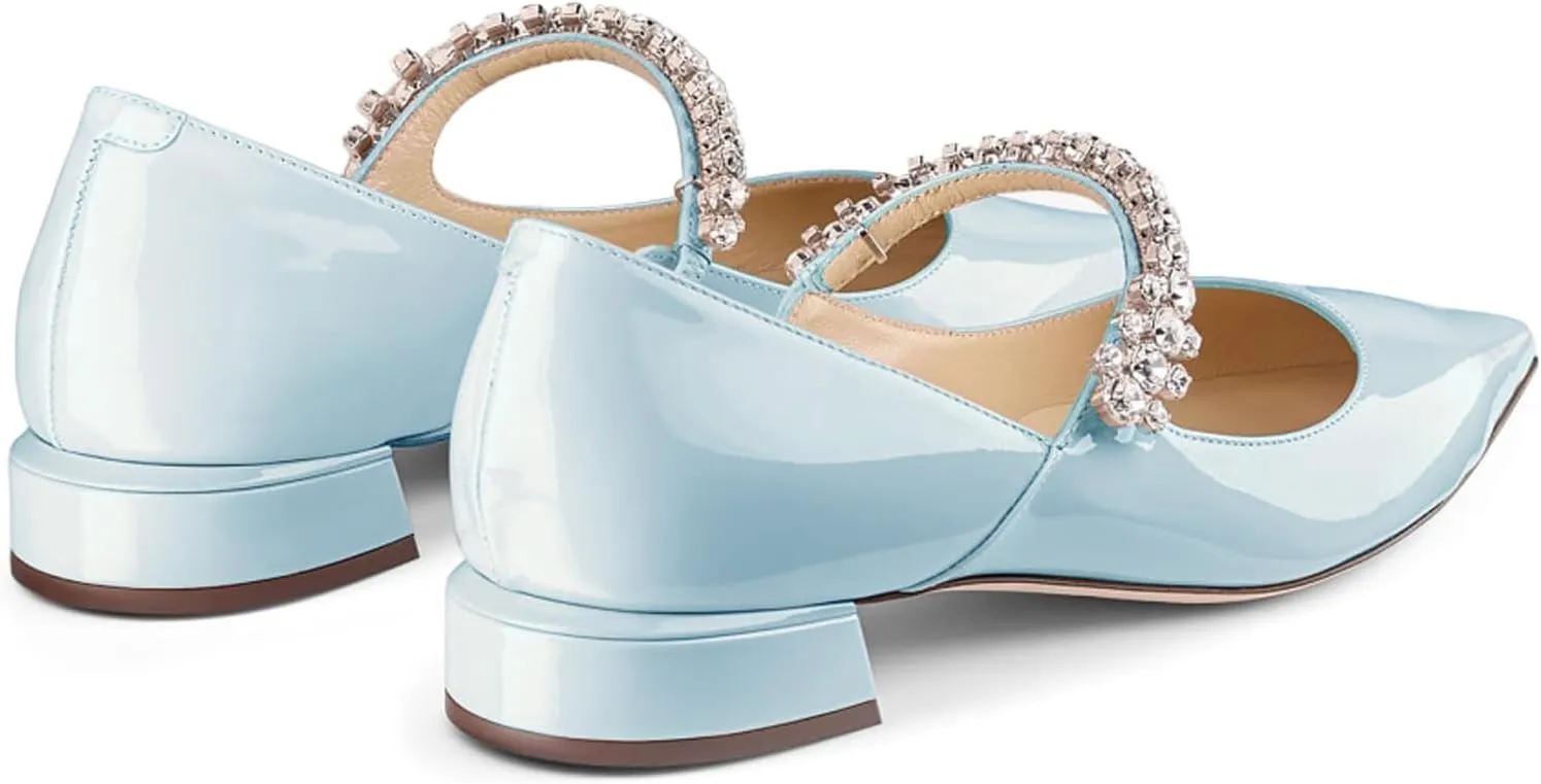 Women Rhinestone Low Heel Pumps Pointed Toe Block Heel Crystals Strap Flats Wedding Party Office Walking Dress Shoes