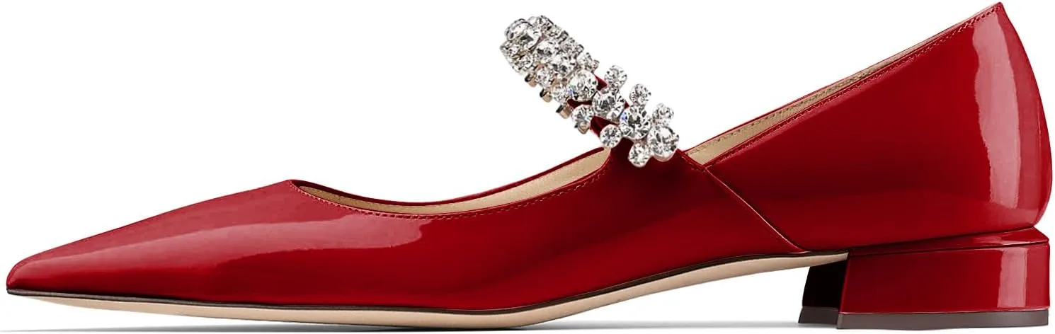Women Rhinestone Low Heel Pumps Pointed Toe Block Heel Crystals Strap Flats Wedding Party Office Walking Dress Shoes