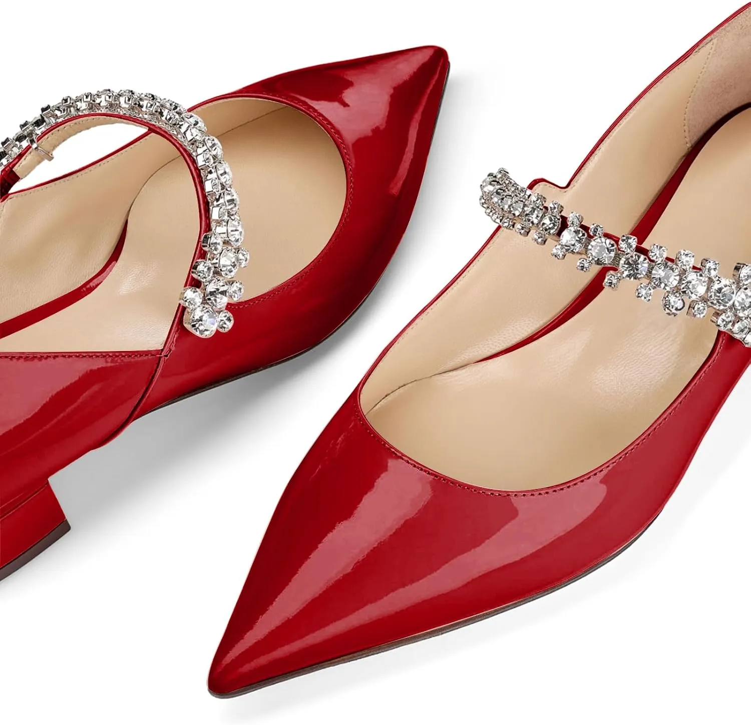 Women Rhinestone Low Heel Pumps Pointed Toe Block Heel Crystals Strap Flats Wedding Party Office Walking Dress Shoes