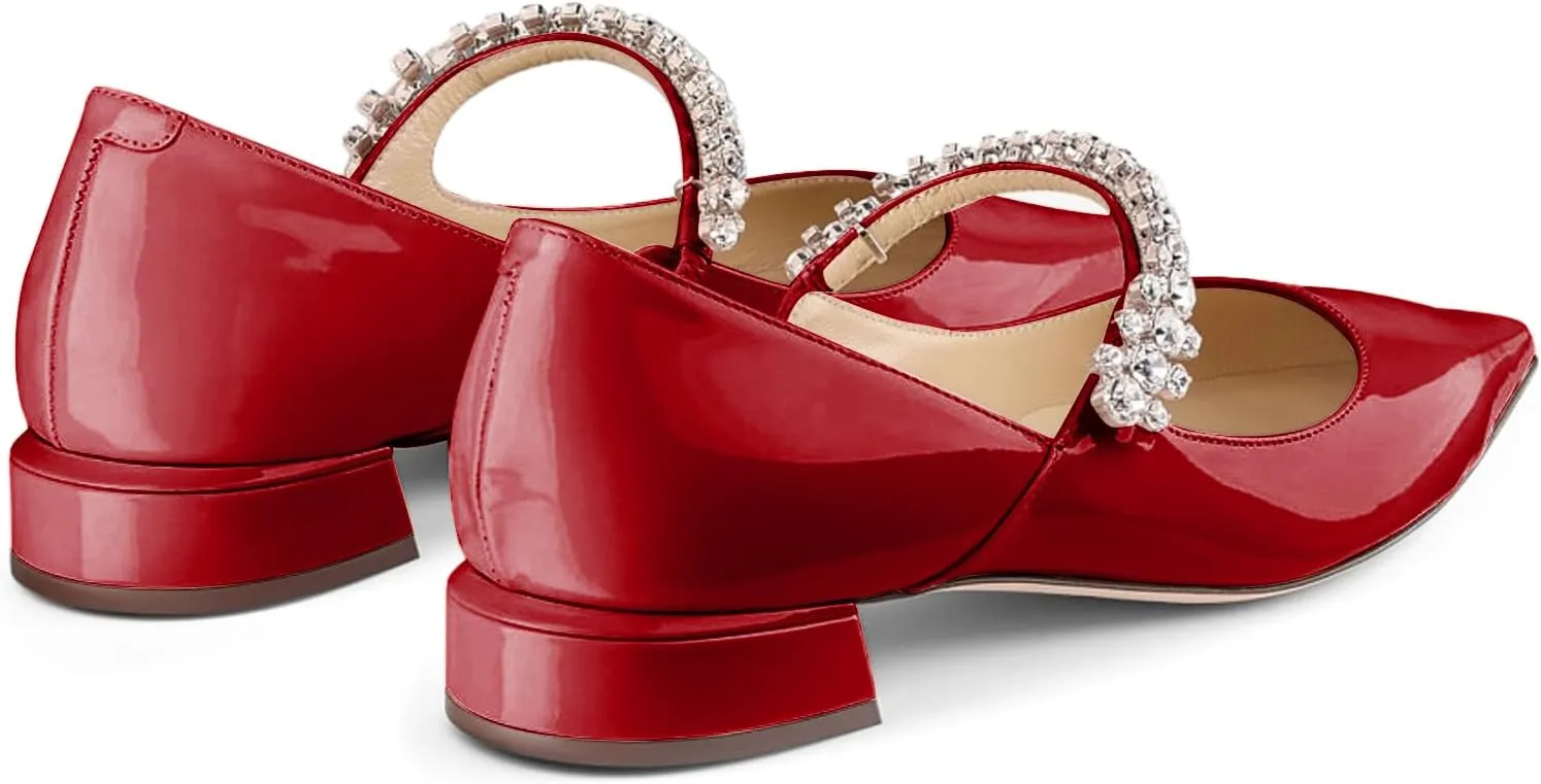 Women Rhinestone Low Heel Pumps Pointed Toe Block Heel Crystals Strap Flats Wedding Party Office Walking Dress Shoes