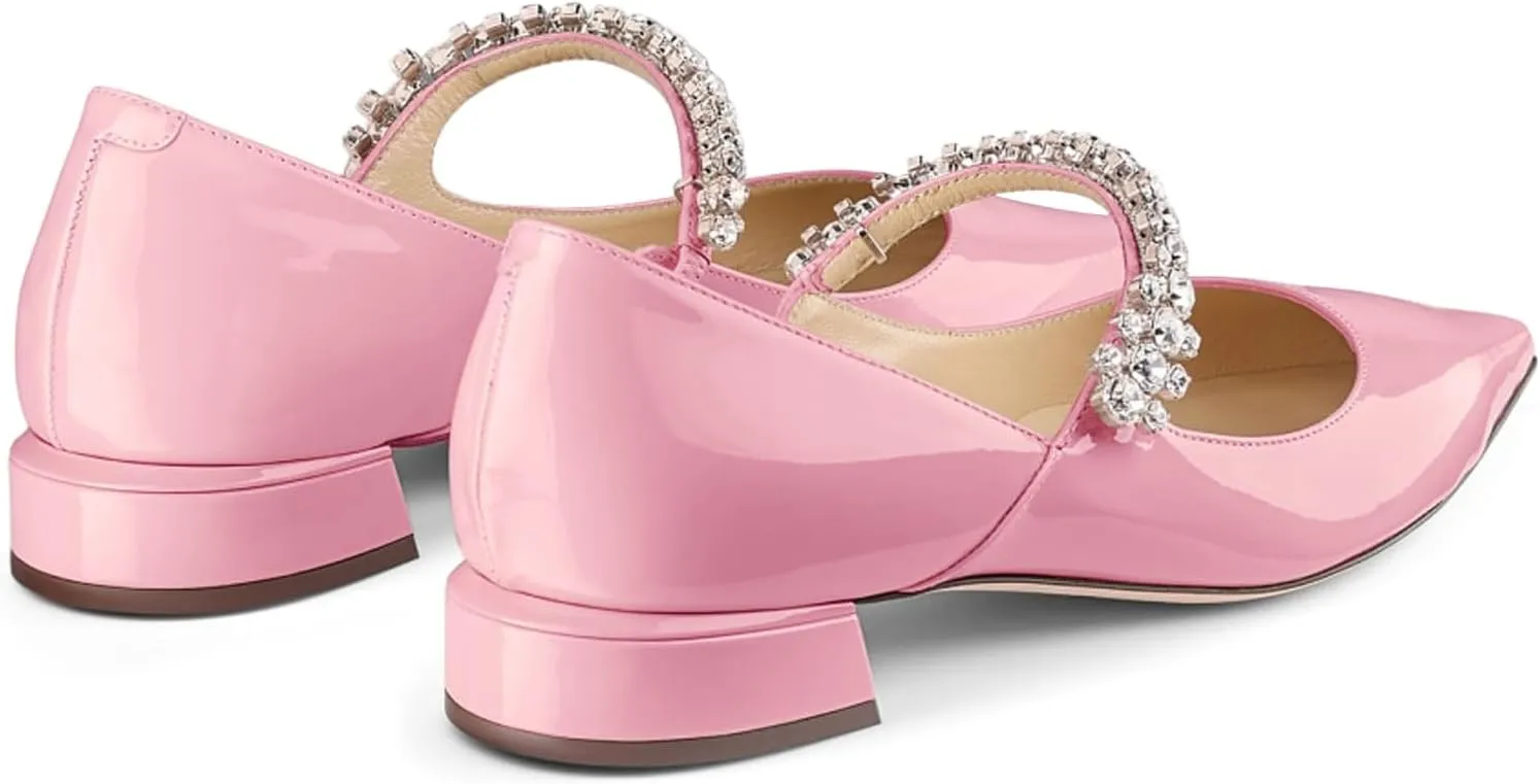 Women Rhinestone Low Heel Pumps Pointed Toe Block Heel Crystals Strap Flats Wedding Party Office Walking Dress Shoes