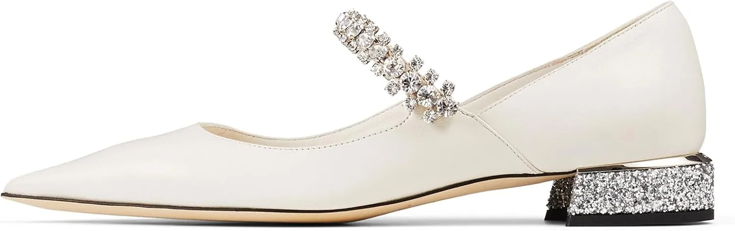 Women Rhinestone Low Heel Pumps Pointed Toe Block Heel Crystals Strap Flats Wedding Party Office Walking Dress Shoes