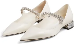 Women Rhinestone Low Heel Pumps Pointed Toe Block Heel Crystals Strap Flats Wedding Party Office Walking Dress Shoes