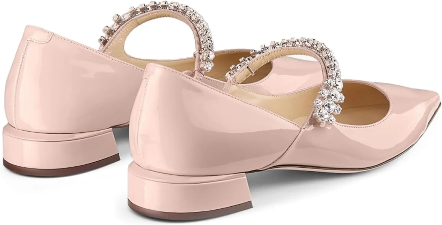 Women Rhinestone Low Heel Pumps Pointed Toe Block Heel Crystals Strap Flats Wedding Party Office Walking Dress Shoes