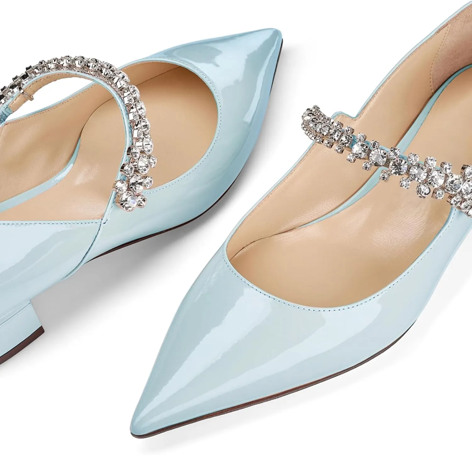Women Rhinestone Low Heel Pumps Pointed Toe Block Heel Crystals Strap Flats Wedding Party Office Walking Dress Shoes