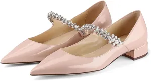 Women Rhinestone Low Heel Pumps Pointed Toe Block Heel Crystals Strap Flats Wedding Party Office Walking Dress Shoes