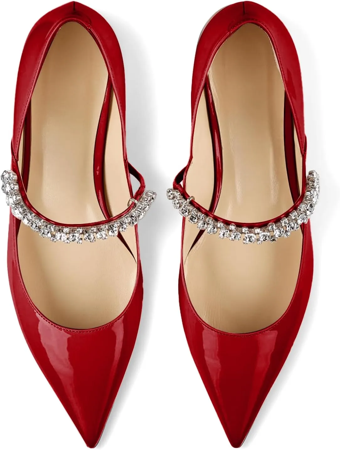 Women Rhinestone Low Heel Pumps Pointed Toe Block Heel Crystals Strap Flats Wedding Party Office Walking Dress Shoes