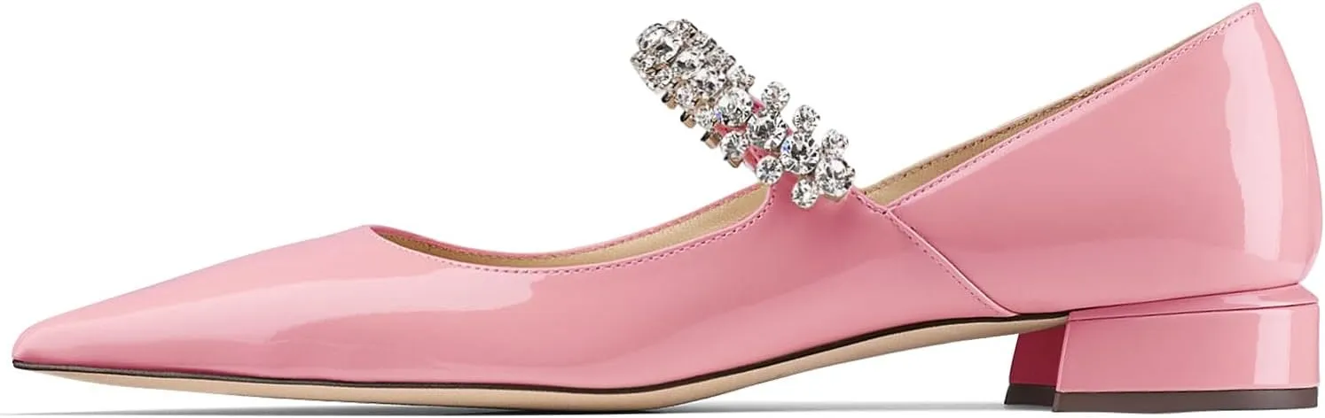 Women Rhinestone Low Heel Pumps Pointed Toe Block Heel Crystals Strap Flats Wedding Party Office Walking Dress Shoes
