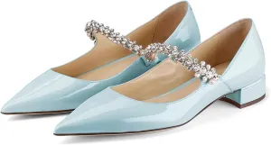 Women Rhinestone Low Heel Pumps Pointed Toe Block Heel Crystals Strap Flats Wedding Party Office Walking Dress Shoes