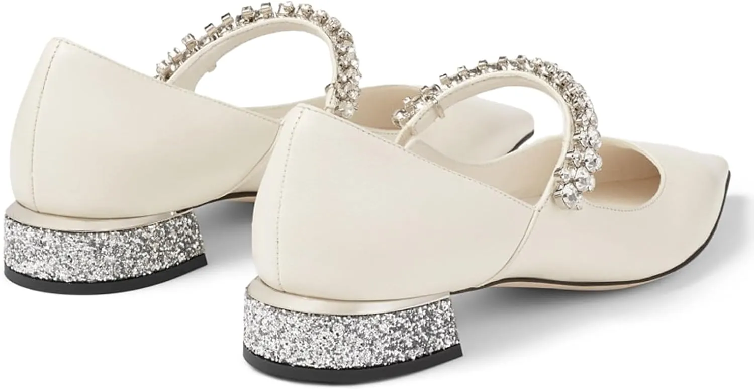 Women Rhinestone Low Heel Pumps Pointed Toe Block Heel Crystals Strap Flats Wedding Party Office Walking Dress Shoes