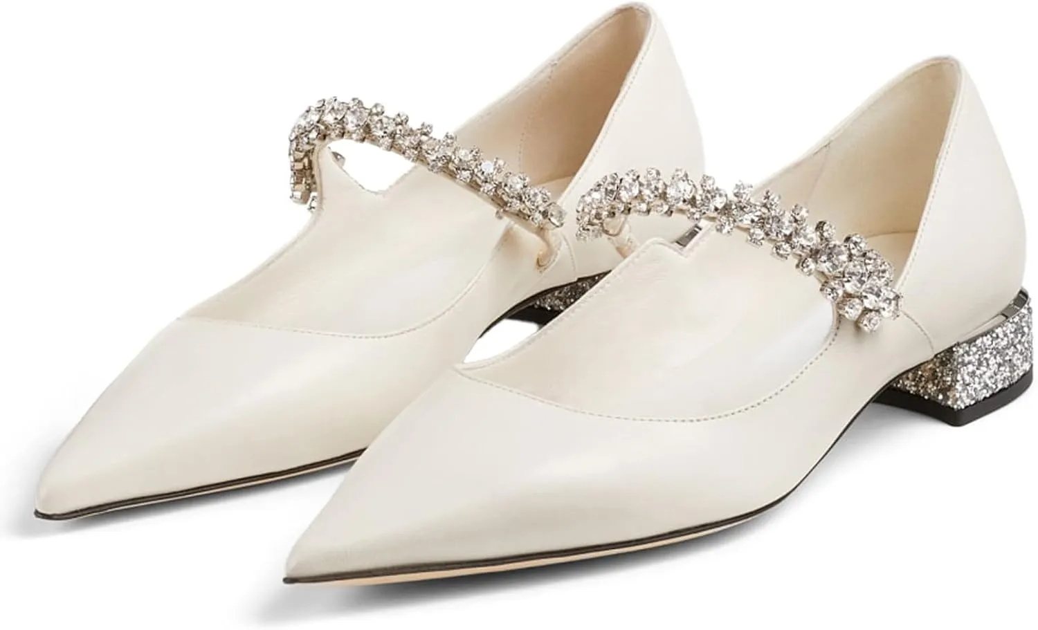 Women Rhinestone Low Heel Pumps Pointed Toe Block Heel Crystals Strap Flats Wedding Party Office Walking Dress Shoes