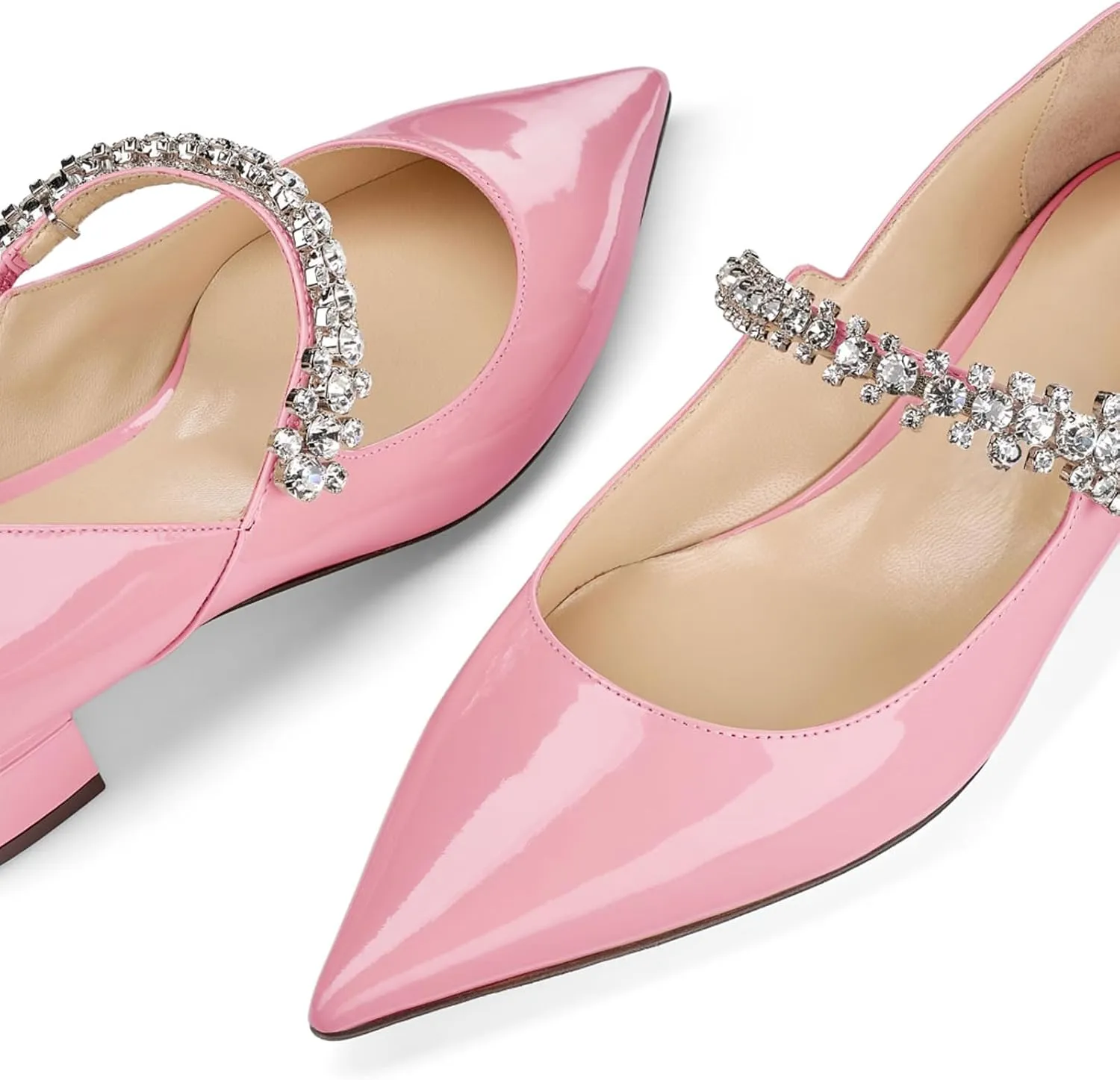 Women Rhinestone Low Heel Pumps Pointed Toe Block Heel Crystals Strap Flats Wedding Party Office Walking Dress Shoes