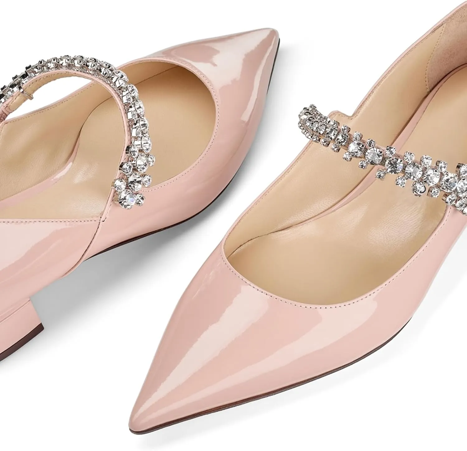 Women Rhinestone Low Heel Pumps Pointed Toe Block Heel Crystals Strap Flats Wedding Party Office Walking Dress Shoes