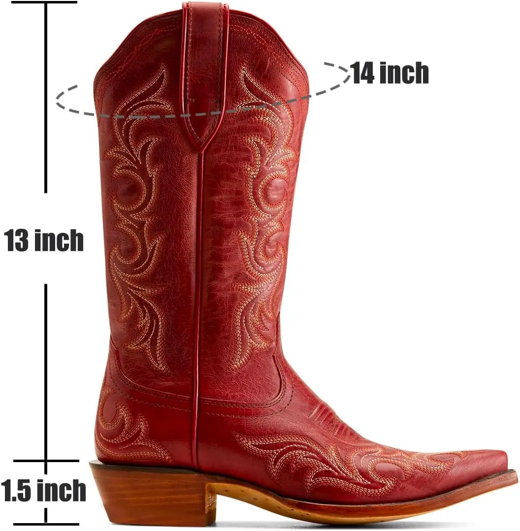 Women Vintage Western Boots Embroidered Knee High Cowboy Boots Chunky Stacked Heel Pointed-Square Toe Mid Calf Cowgirl Boots Metallic Matte Leather Pull On V Cut Fall Boot Exotic 4-11 M US